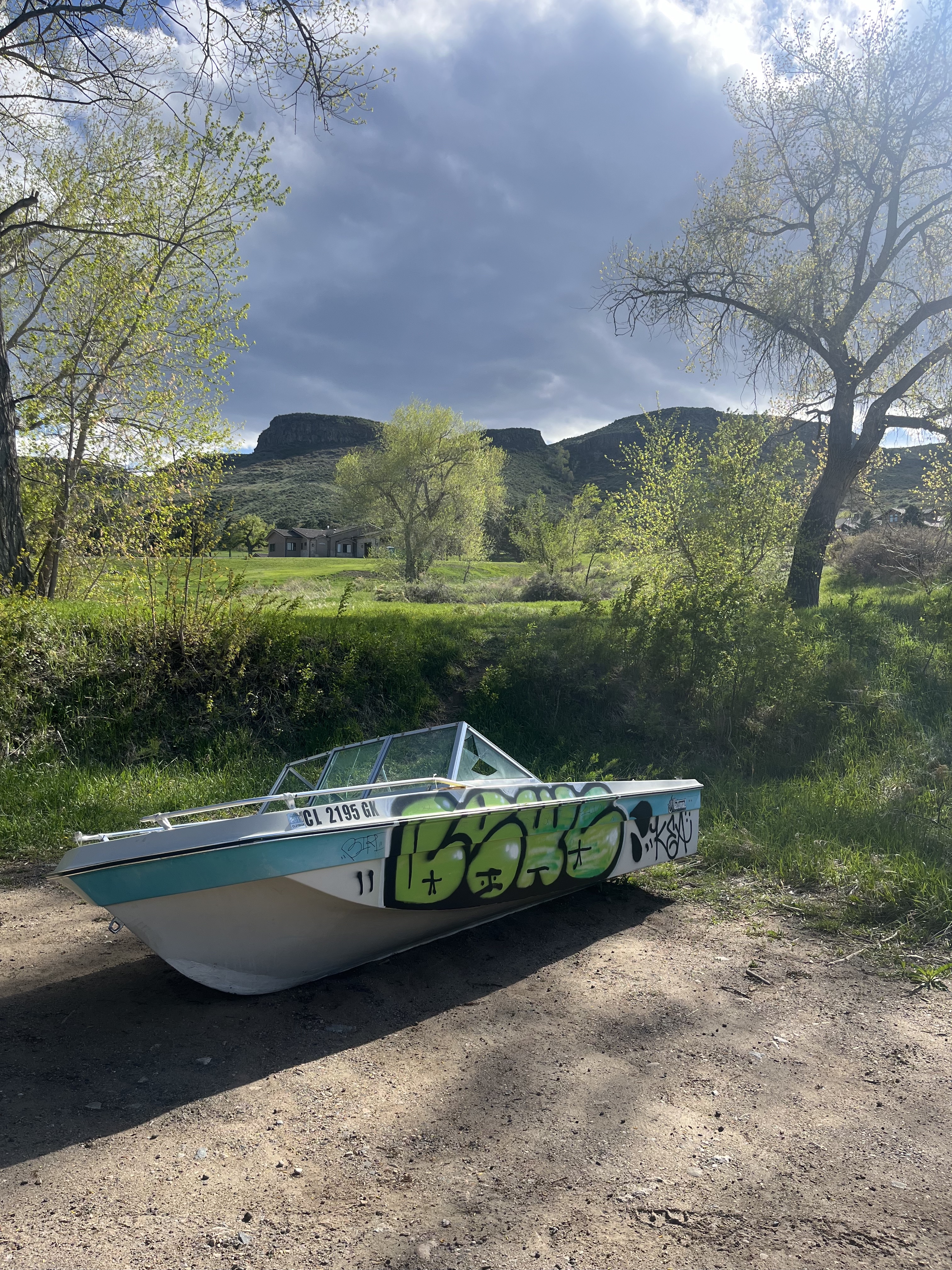 a graffiti-covered boat