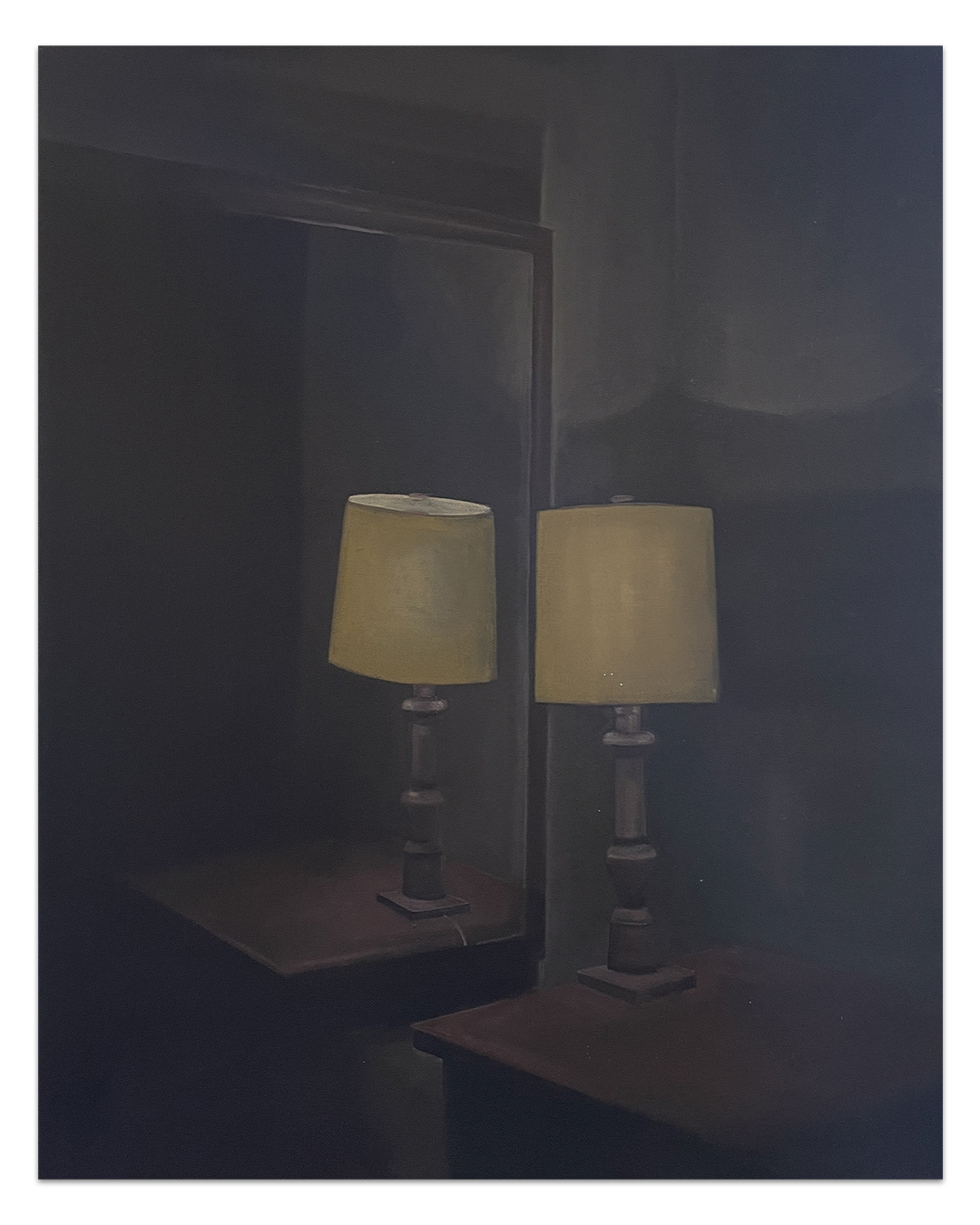 a painting of a lamp reflected in a mirror
