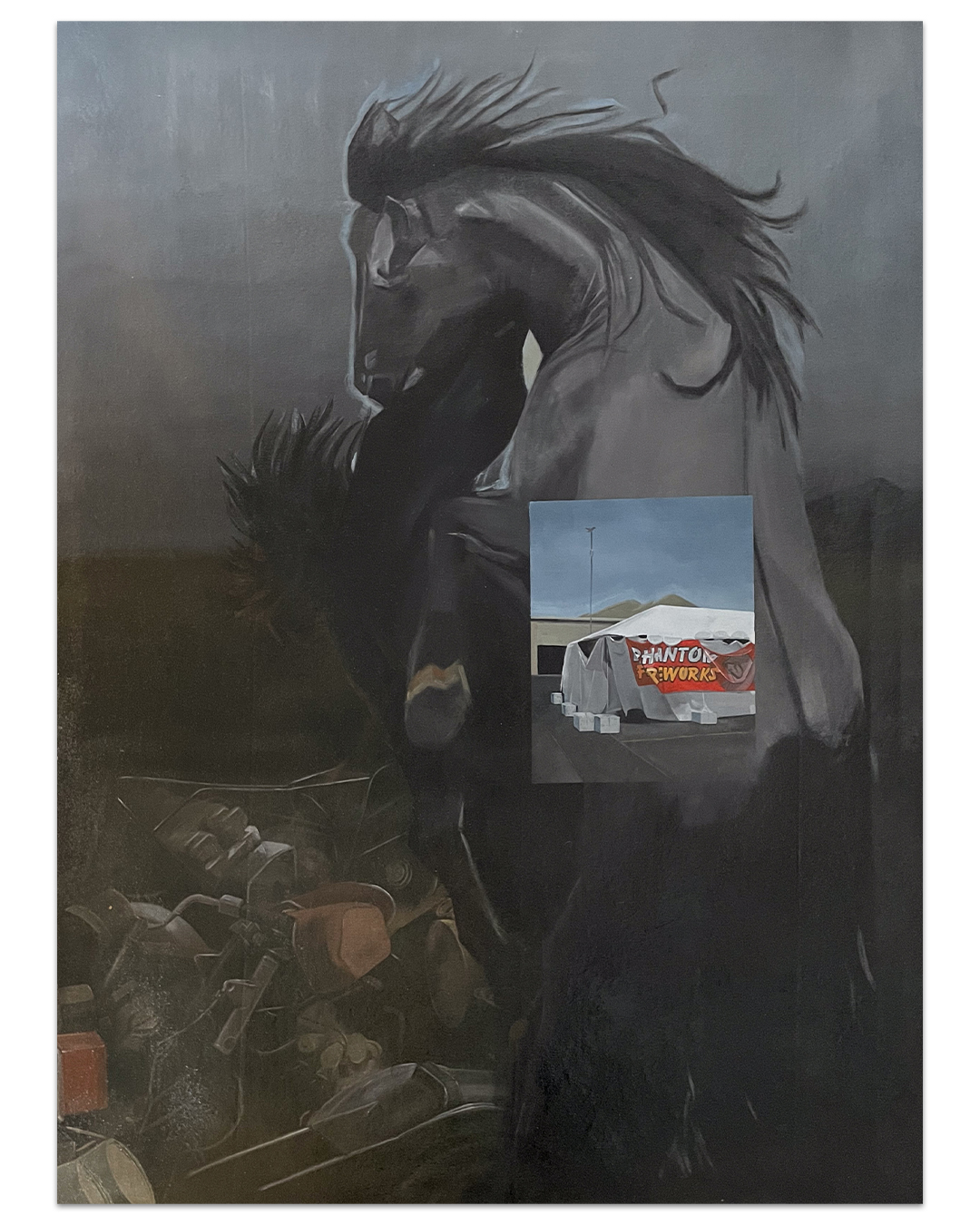 a painting of a horse and some motorcycles