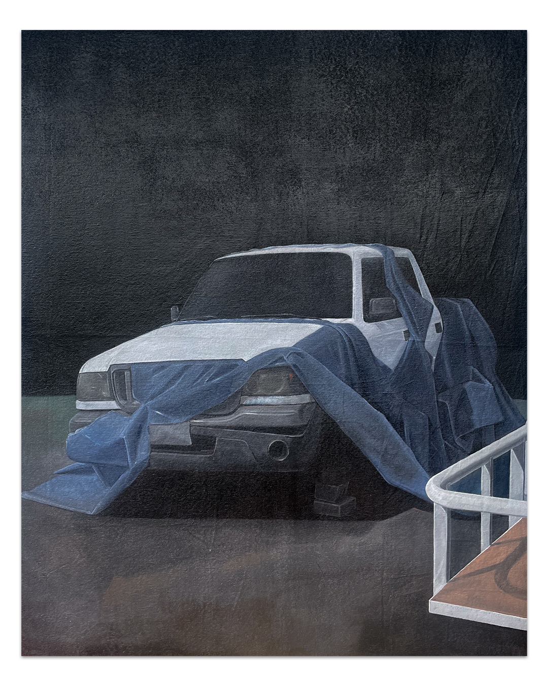 a painting of a truck under a ripped tarp