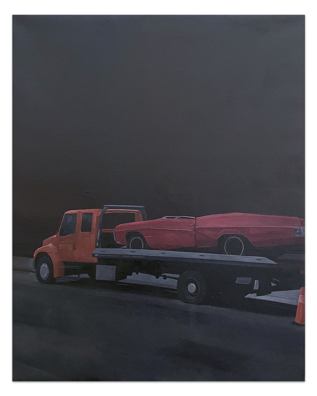 a painting of a car on a tow truck