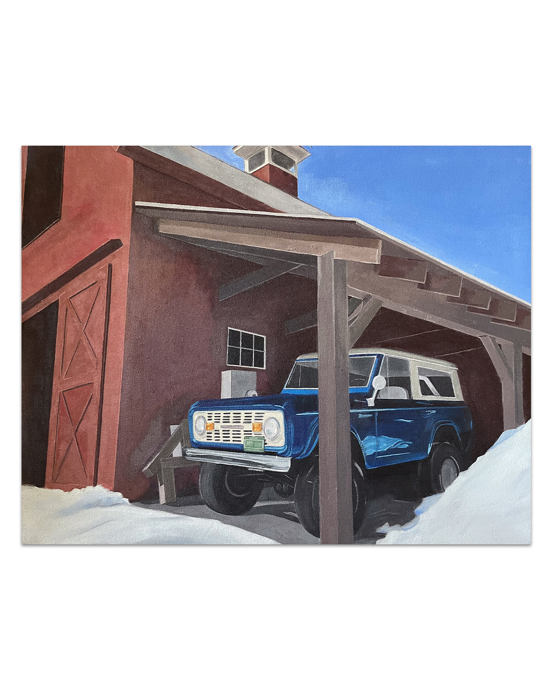 a painting of a bronco in a barn